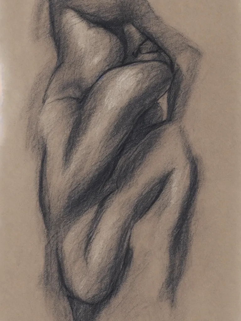 Prompt: chalk and charcoal life drawing of an elegant figure model | on toned paper