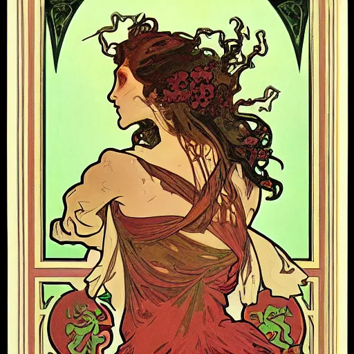 Image similar to zombie, painted by alphonse mucha