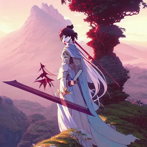 Image similar to the knight and the sword of rose petal, anime, castle core, mountains, rocky roads. by hayao miyazaki and rossdraws and artgerm and greg rutkowski and alphonse mucha and studio ghibli and ilya kuvshinov. high quality, stunning, intricate detailed environment. 8 k