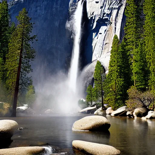 Prompt: an award - winning professional photograph of a waterfall in yosemite national park, zeiss, nikon