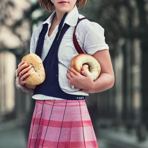 Image similar to photo of cute emma watson as schoolgirl, holding mesh bag with bagels, street of moscow, shallow depth of field, cinematic, 8 0 mm, f 1. 8