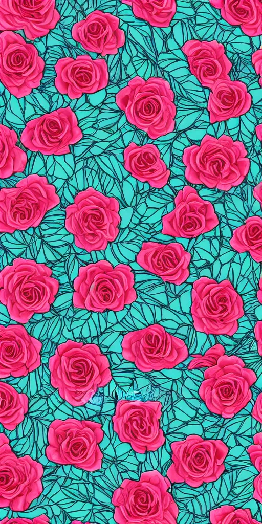 Prompt: seamless pattern of beautiful roses with leaves and throns and crawling snakes, colourful, symmetrical, repeating 35mm photography