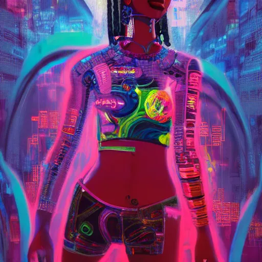 Image similar to afro - cyberpunk deities unseen amongst their creations, a society manifesting dreams with cosmic ancestral magic in a post - modern techno world | hyperrealistic oil painting | by makoto shinkai, ilya kuvshinov, lois van baarle, rossdraws, basquiat | afrofuturism, in the style of surrealism, trending on artstation, | red and black color palette