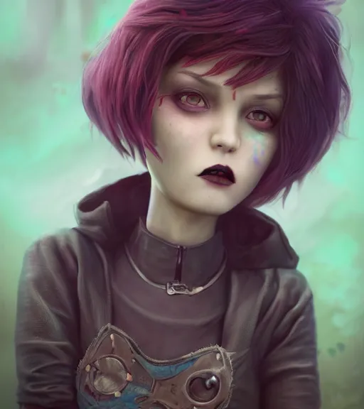 Prompt: an epic fantasy comic book style portrait painting of an extremely cute and adorable very tomboyish tomboy industrial goth vampire, character design by mark ryden and pixar and hayao miyazaki, unreal 5, daz, hyperrealistic, octane render, cosplay, rpg portrait, dynamic lighting, intricate detail, summer vibrancy, cinematic