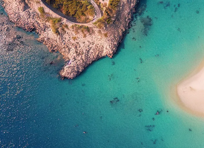 Prompt: symmetry!! a 2 8 mm macro aerial view of a beautiful beach in greece, photography, film, film grain, canon 5 0 mm, cinematic lighting