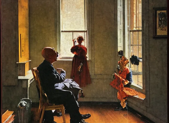 Image similar to a laughing man sitting by the window, a slim woman in the background, norman rockwell