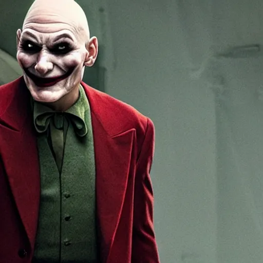 Prompt: still of Patrick Stewart, bald, as joker in new joker film