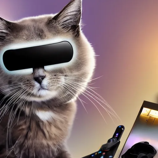 Prompt: beautiful fluffy cyborg cat wearing virtual reality headset on face, standing up holding game controllers in paws, detailed 4 k painting