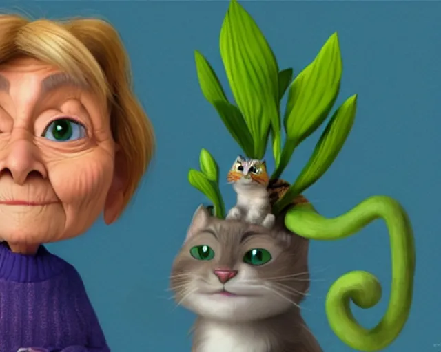 Image similar to detailed cartoon portrait of an old lady and her plant cat, pixar, sharp high quality