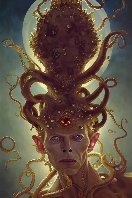 Prompt: David Bowie , a golden crown floating above his head, tentacles coming out the ground art by Artgerm and Greg Rutkowski and Alphonse Mucha and Craig Mullins and James Jean and Andrei Riabovitchev and Marc Simonetti and peter mohrbacher, sharp focus, ominous, cosmic horror, trending on artstation, Ultra detailed, hyper realistic 4k