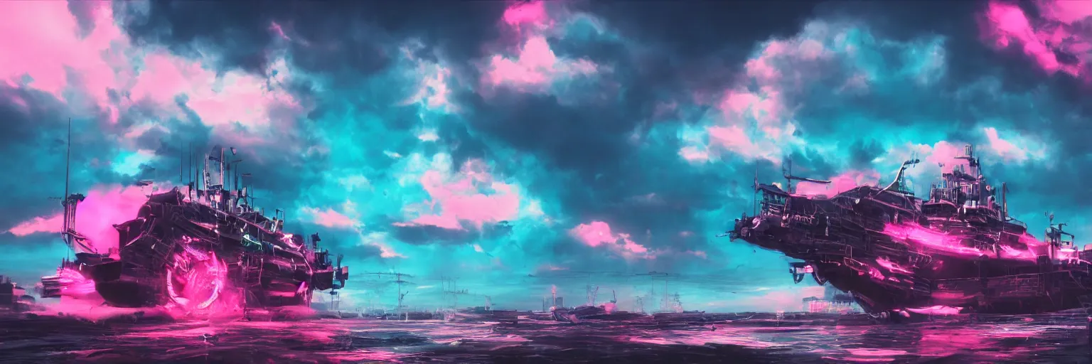 Image similar to hyperdetailed illustration, portrait big dark dog, mohawk, stars, pink, neon, oil painting, rich deep colors masterpiece, pirate neon ship, ultra detailed, contrast, heaven pink, clouds, volumetric light, atmospheric lighting, dramatic, cinematic, moody, octane render 4 k, 8 k