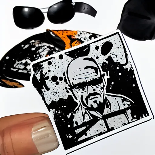 Image similar to die cut sticker, walter white breakdancing in techwear splatter paint