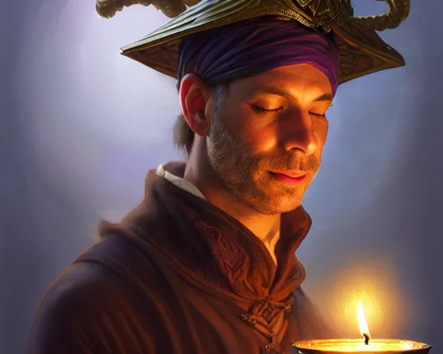 Image similar to a mind - blowing portrait of a fortune seeker male, holding a candle, wearing a sleeping cap, joyful, d & d, fantasy, intricate, elegant, highly detailed, digital painting, artstation, concept art, matte, sharp, illustration, hearthstone, art by artgerm and greg rutkowski and alphonse mucha