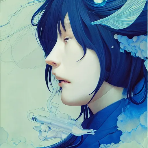 Image similar to prompt : ivory and blue portrait soft light painted by james jean and katsuhiro otomo and erik jones, inspired by evangeleon anime, smooth face feature, intricate oil painting, high detail illustration, sharp high detail, manga and anime 1 9 9 9