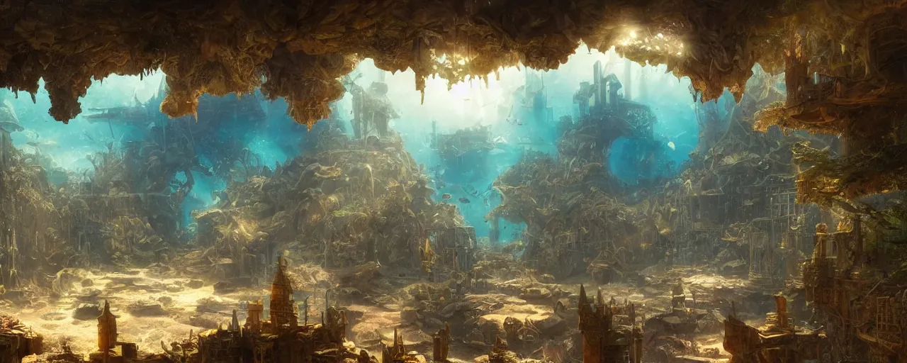 Image similar to a scenic landscaping view of the lost and abandoned city of Atlantic under water, ray of sunlight, mermaids in distance, Greg Rutkowski, Moebius, Mohrbacher, Mucha, blue and gold color scheme, ultra wide angle, light effect