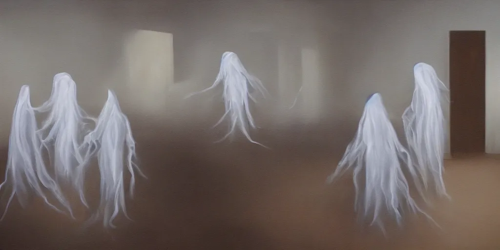 Image similar to surreal painting of ghosts in a room