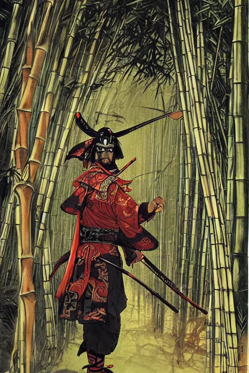 Image similar to samurai general in dark japanese bamboo forest with light shafts, by travis charest, jesper ejsing