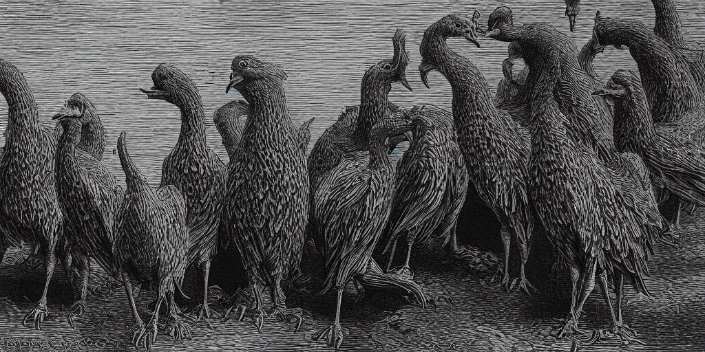 Prompt: cerberus with angry geese as its heads, guarding the gates of hell, art by gustave dore