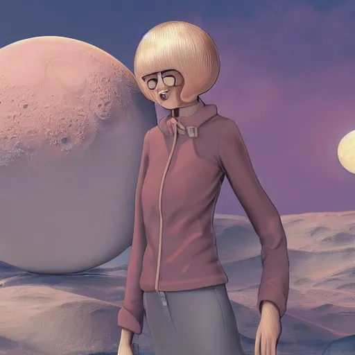 Prompt: a 3 d render of a cartoon giant moon, with 1 9 7 6 woman with floating hair, sci - fi clothes, fine facial features, beeple and james jean, aya takano color style, 8 k, super detailed, modern, 4 k, symmetrical