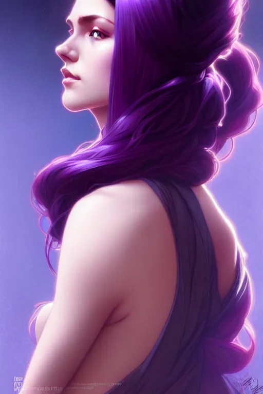 Image similar to Purple hair, creative colouring Portrait of woman, fashion, intricate, elegant, highly detailed, digital painting, artstation, concept art, smooth, sharp focus, illustration, art by artgerm and greg rutkowski and alphonse mucha