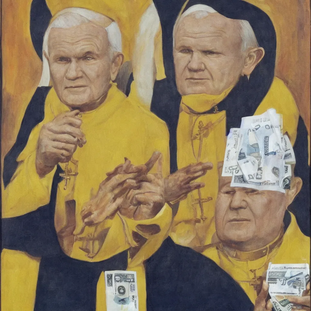 Image similar to Painting of John Paul II with a yellow face holding a 100 dollar bill in his hand