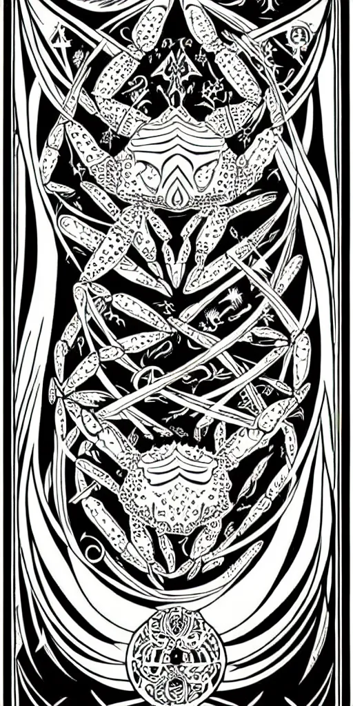 Image similar to a beautiful black and white fractal tarot card featuring bold occult imagery with clean lines. crab demon. detailed adult coloring book