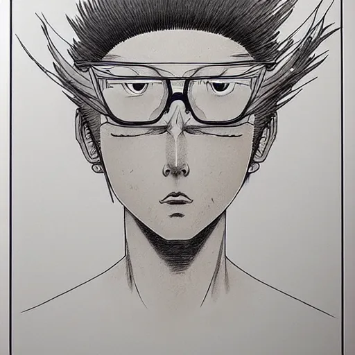 Image similar to prompt: Fragile looking vessel portrait face drawn by Katsuhiro Otomo, inspired by smithe one, magical and alchemical objects on the side, soft light, white background, intricate detail, intricate ink painting detail, sharp high detail, manga and anime 2000