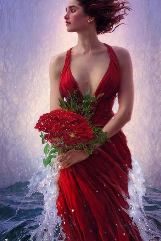 Image similar to portrait of a beautiful woman wearing a red dress, holding a bouquet of flowing flowers, drenched body, wet dripping hair, emerging from the water, fantasy, regal, fractal crystal, fractal gems, by stanley artgerm lau, greg rutkowski, thomas kindkade, alphonse mucha, loish, norman rockwell