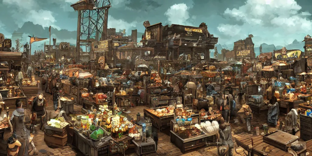 Image similar to a busy marketplace full of merchants, fallout style,, digital art, 4 k,