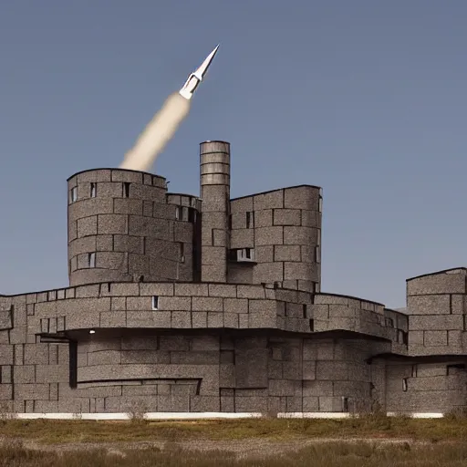 Image similar to photo of a modern metal castle with ballistic missiles on the roof