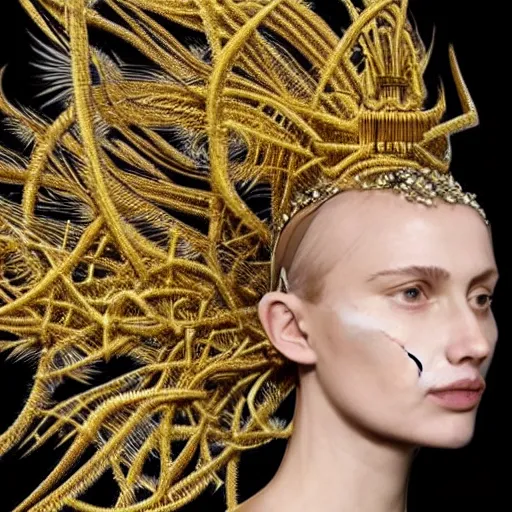 Prompt: a woman with a weird golden head piece on her head, a flemish Baroque by Alexander McQueen, trending on pinterest, hyper realistic vfx simulation, made of paperclips, made of insects, made of feathers,