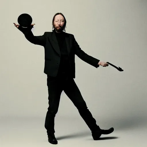 Prompt: Thom Yorke, Thom Yorke, Thom Yorke, holding the moon upon a stick, with a beard and a black jacket, a portrait by John E. Berninger, dribble, neo-expressionism, uhd image, studio portrait, 1990s