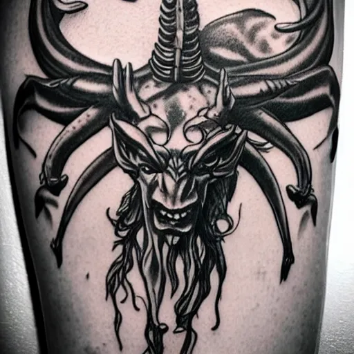 Prompt: 3/4 full body shot of demon with hoofs and horns in heroic pose, black and white ink tattoo