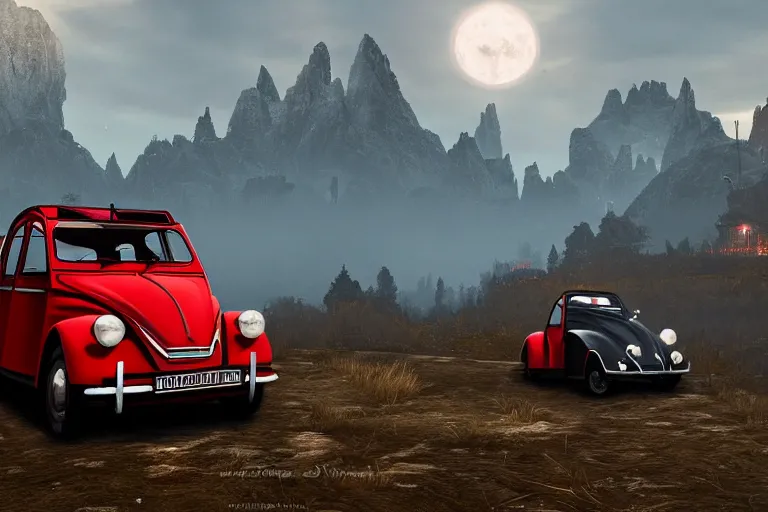 Prompt: red and black citroen 2 cv ( 1 9 6 5 ) driving across the rift, riften city in the background, epic fantasy, the elder scrolls v : skyrim, dramatic lighting, establishing shot, by simon stalenhag