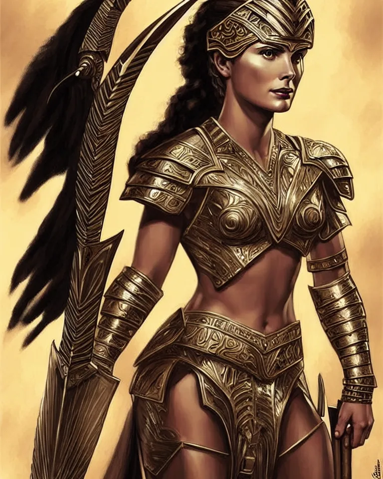 Image similar to a young grace kelly as an amazon warrior, tall and beautiful with brown skin and long hair, dressed in hellenistic body armor, intricate, elegant, highly detailed, smooth, sharp focus, detailed face, art by ardian syaf