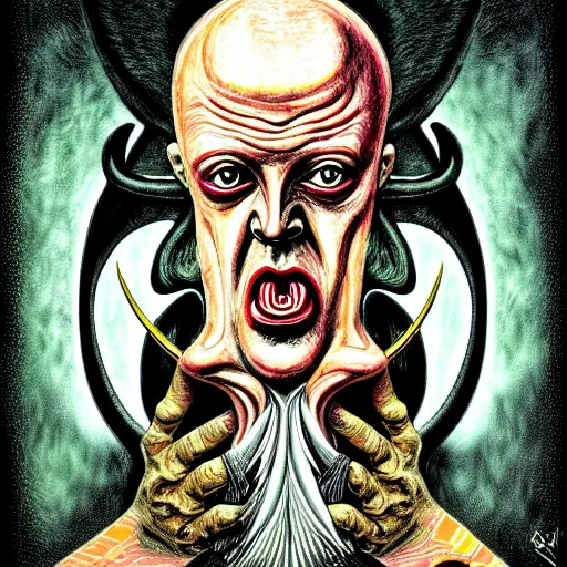 Prompt: graphic illustration, creative design, aleister crowley as baphomet, biopunk, francis bacon, highly detailed, hunter s thompson, mixed media