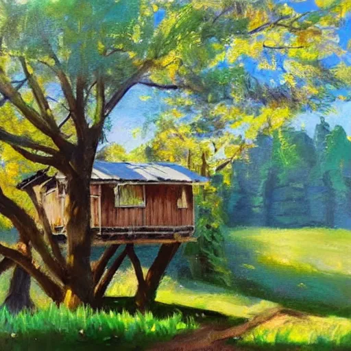 Image similar to treehouse in the countryside on a sunny day, peaceful, dreamy, brush strokes, oil painting