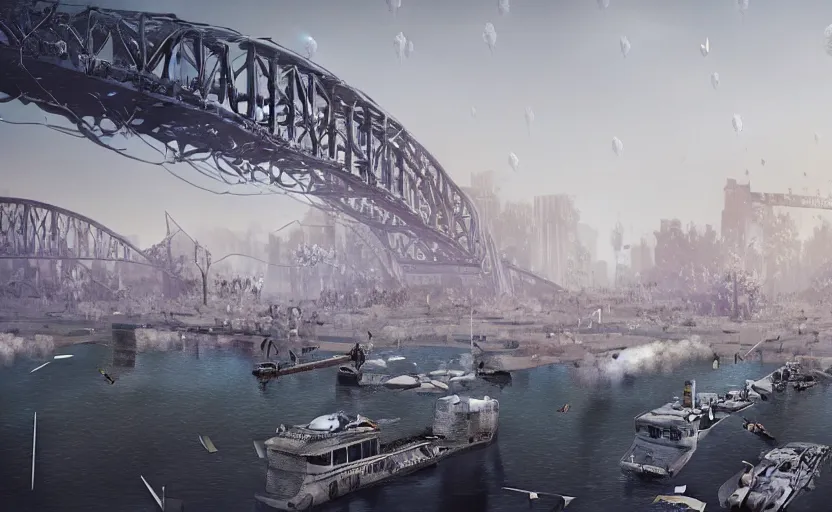 Prompt: explosions in the form of realistic white cotton plants on harbour bridge, huge white cotton everywhere on the destroyed harbour bridge, smooth, sharp focus, highly detailed, 3 d octane render, epic lighting, crazy atmosphere, lots of white cotton, 8 k, by goro fujita