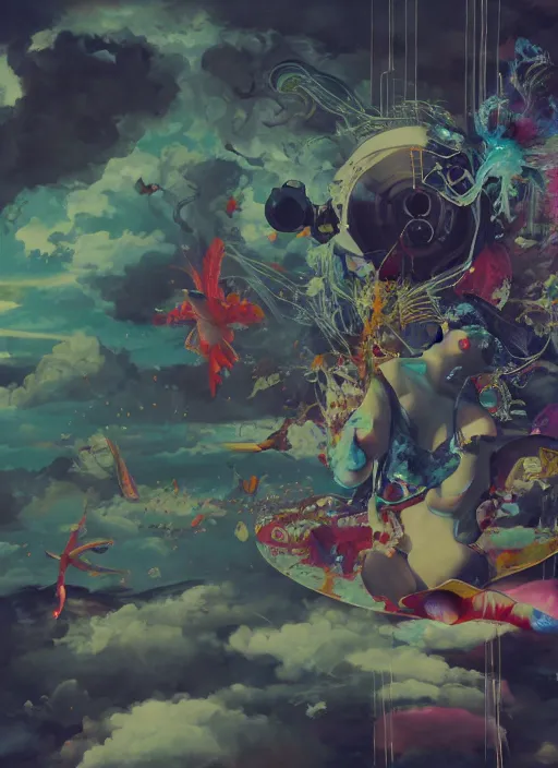 Image similar to surreal gouache painting, by yoshitaka amano, by ruan jia, by Conrad roset, by good smile company, detailed anime 3d render of a magical Vinyl Discos flying, DJ Mixer, deck surrounded by Dragonfly ,flying discos , controller, portrait, cgsociety, artstation, rococo mechanical and Digital and electronic, dieselpunk atmosphere