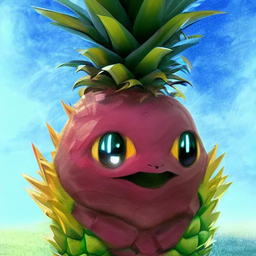 Image similar to a pokemon that looks like a nepenthes, with a pineapple hair, digital art. trending on art station, unreal engine.