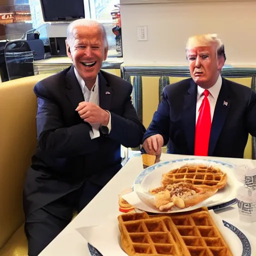 Image similar to trump and Biden sitting and eating breakfast at a Wafflehouse