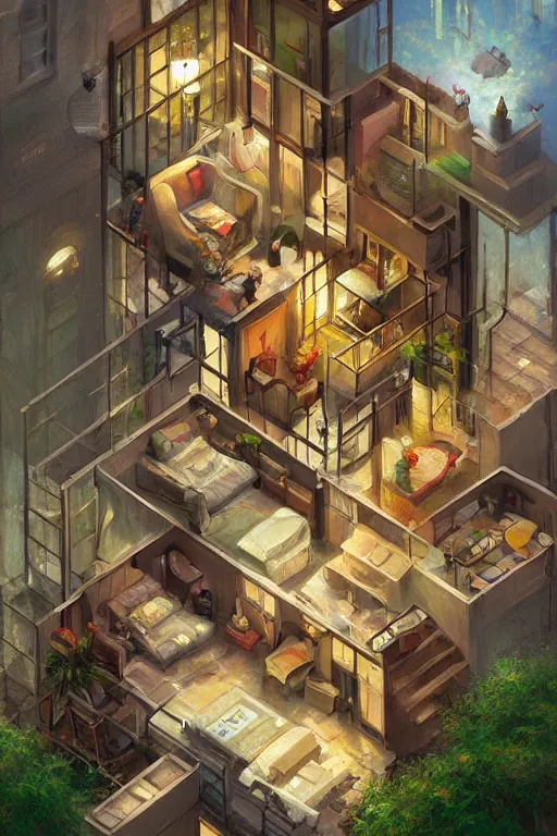 Prompt: isometric digital painting of a studio apartment on top of a cell phone very detailed, art fantasy by craig mullins, thomas kinkade