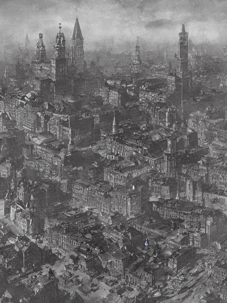 Prompt: a large dieselpunk and steampunk cityscape at dusk in russia during the 1 9 1 0 revolution, kremlin