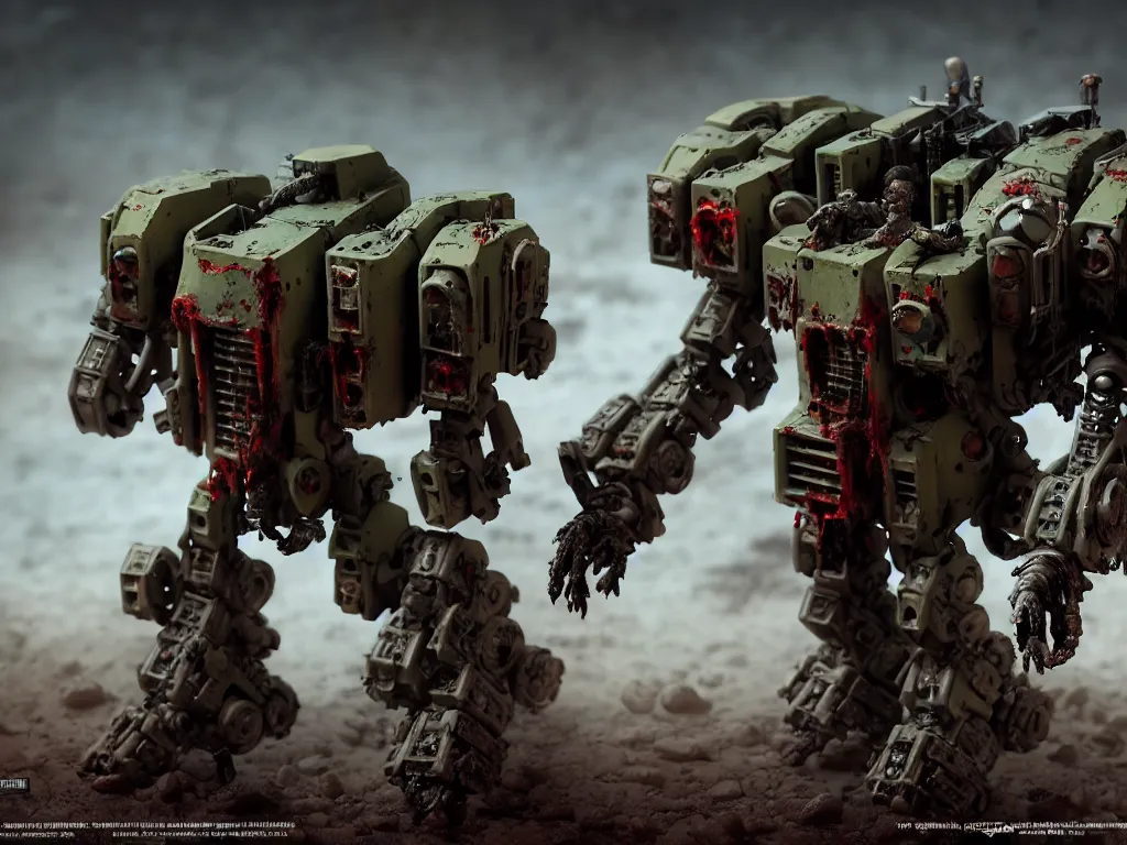 Prompt: aerial view cinematic of a zombie heavy mech military space marine, by kow yokoyama, maschinen krieger, hobby japan, stormy post apocalyptic desert, highly detailed, 3 5 mm, shot with canon 5 d mark ii, face detail, rob bottin, rick baker, jordu schell, artstation, cg society, soft illumination