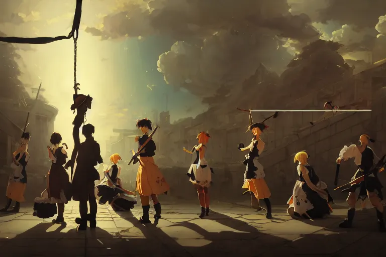 Image similar to baroque oil painting of key visual environment concept art of anime maids executing a war criminal by public hanging, brutalist, dark fantasy, rule of thirds golden ratio, fake detail, trending pixiv fanbox, acrylic palette knife, style of makoto shinkai studio ghibli genshin impact james gilleard greg rutkowski chiho aoshima