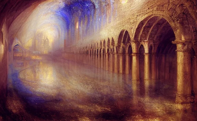 Prompt: tiled room squared waterway, aqueducts, fantasy. intricate. by artstation trending, by joseph mallord william turner, luis royo, konstantin razumov, cinematic lighting, fractal flame, highly detailed