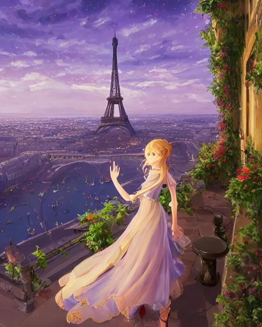 Prompt: over the shoulder landscape painting of violet evergarden, behind are distant lights from paris, eiffel tower, next to the reflecting ocean, nighttime, by vladimir volegov and Philipp A. Urlich and Pengzhen Zhang and Andreas Rocha, fantasy, intricate, elegant, highly detailed, digital painting, artstation, blender, unreal engine 5, octane render, smooth, sharp focus, illustration