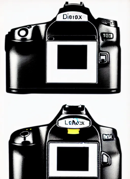 Prompt: a detailed diagram, a professional dslr camera pointed at the viewer linework xerox detailed interior mechanism annotated parts disassembled