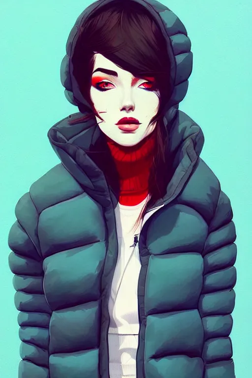 Image similar to a ultradetailed beautiful painting of a stylish woman wearing a puffer jacket, by conrad roset, greg rutkowsk and ilya kuvshinov trending on artstation