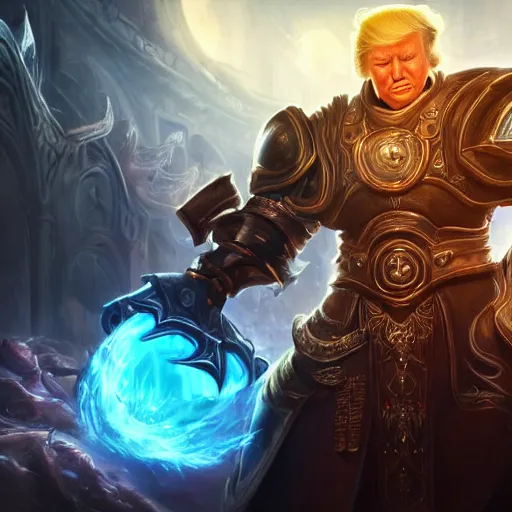 Image similar to portrait of donald trump as a spellcaster, league of legends amazing splashscreen artwork, gears of war, splash art, natural light, elegant, photorealistic facial features, intricate, fantasy, detailed face, atmospheric lighting, anamorphic lens flare, cinematic lighting, league of legends splash art, hd wallpaper, ultra high details by greg rutkowski